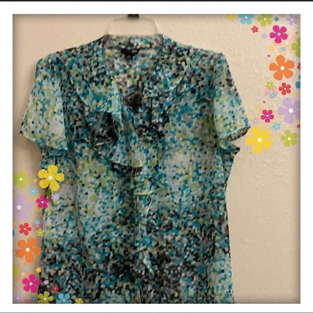 East 5th button down ruffled front shirt!! A mix of colors of blues, greens!!!